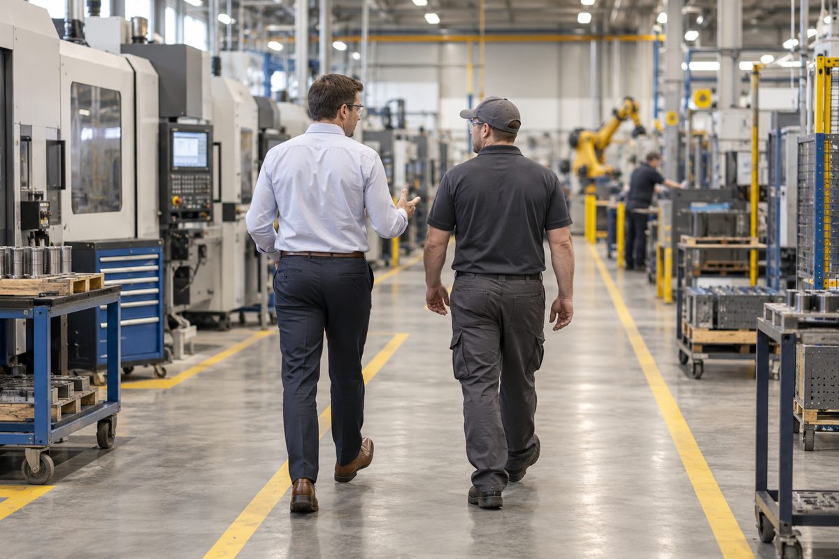 Consultant and operator walking through a production aisle